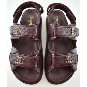 Chanel 21C Burgundy Red Caviar Gold CC Logo Mule Slide Flat Teva Dad Sandal 36